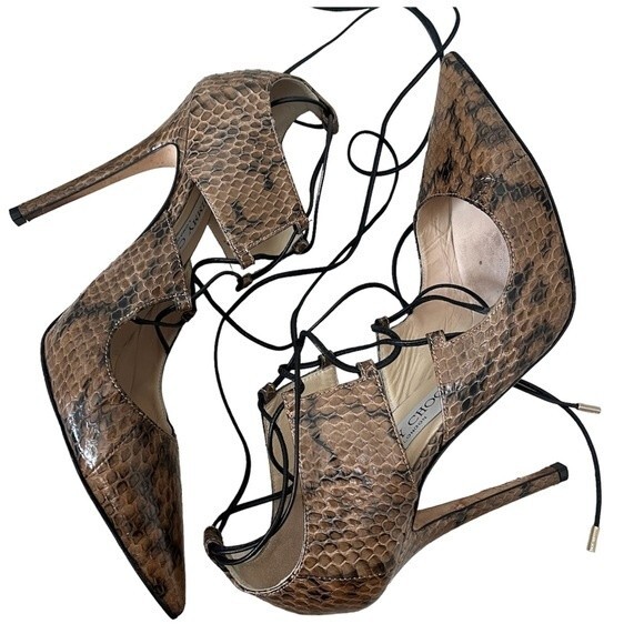 Jimmy Choo “Hoops” Snake Skin Sexy Lace Up Pumps size 37 1/2 - Picture 3 of 12